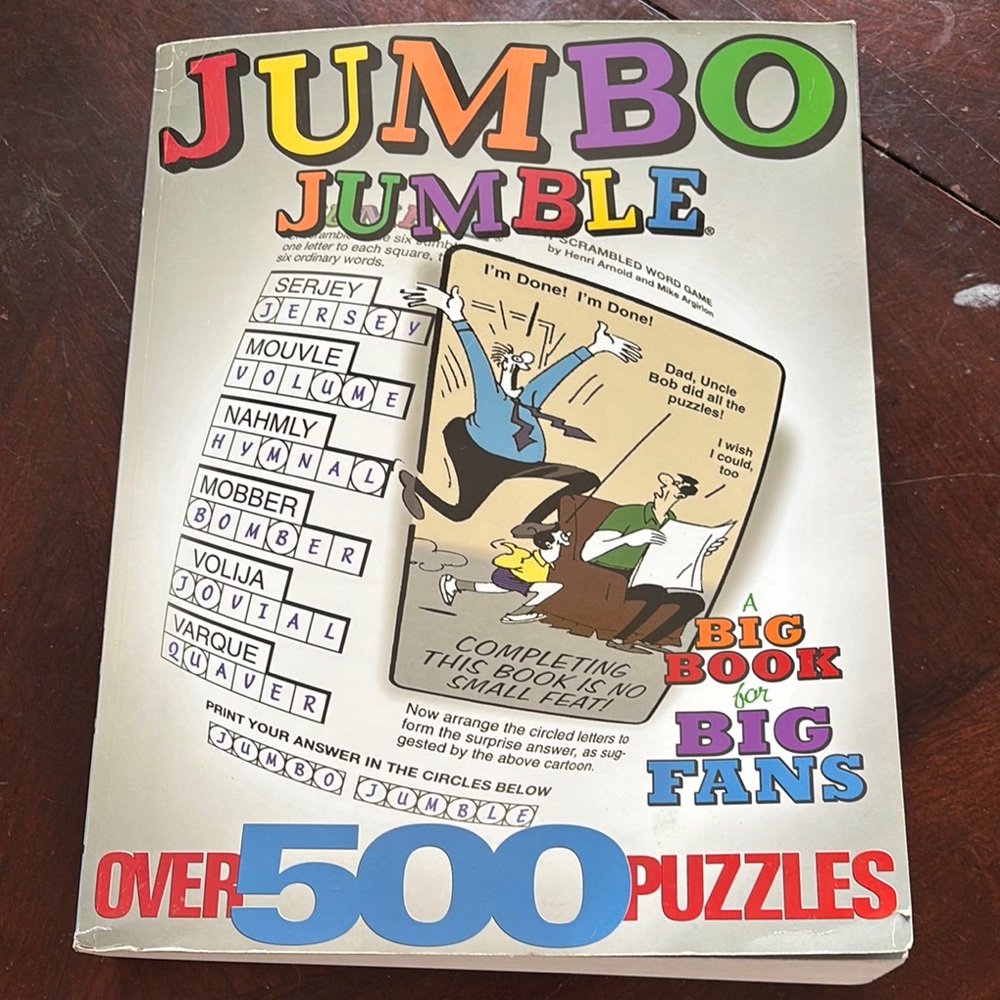 The "Jumbo Jumble" is a puzzle book containing over 500 word scramble puzzles